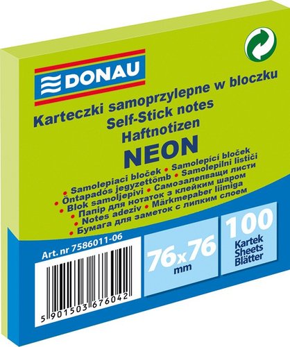 DONAU samolepic bloek, 76 x 76 mm, 100 list, neonov zelen