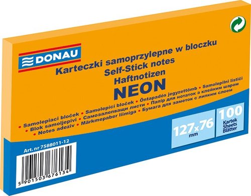 DONAU samolepic bloek, 127 x 76 mm, 100 list, neonov oranov